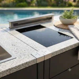 A photograph highlighting the integrated smart appliances within the outdoor küchenmöbel design modern.