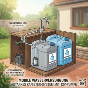 An illustration showing a self-sufficient water supply for a mobile wasserversorgung außenküche using a canister system.