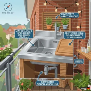 Kompaktes Edelstahl spülbecken außenküche platzsparend für den Gartenbereich.
