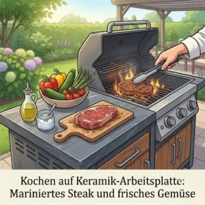 Illustration of an active cooking scene with a chef hand flipping meat on a built-in grill next to an arbeitplatte keramik aussenkueche.