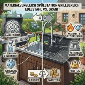 Comparison infographic highlighting the durability of stainless steel versus granite surfaces for a spülstation für grillbereich.