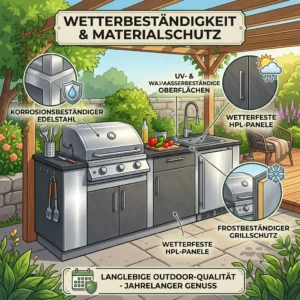 Infografik über modulare, wetterbeständige Outdoor-Küchenmöbel zum flexiblen Kombinieren