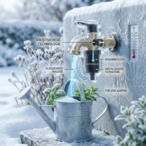 An illustration showing how the outdoor wasserhahn mit filter prevents freezing in winter.