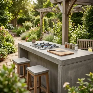 A minimalist outdoor kitchen island design featuring a smooth, grey concrete outdoor arbeitsfläche hitzebeständig and integrated functional elements.