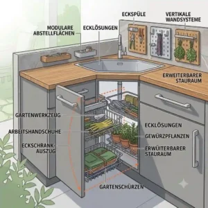 Using vertical space with pegboards and floating wall shelves to further outdoor küche stauraum optimieren.