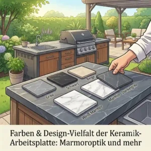 Display of different marmor and pattern samples for a customizable arbeitplatte keramik aussenkueche.