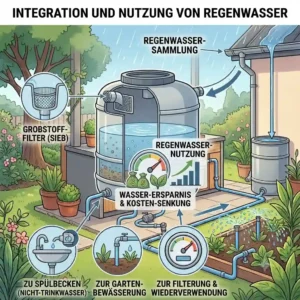 An eco-friendly garden illustration showing a rainwater collection tank feeding directly into a modern außenküche wasser sparen system.