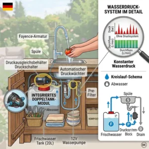 A schematic view of the complete water pressure system, including the 12V pump, connected to a frischwasser tank gartenküche.