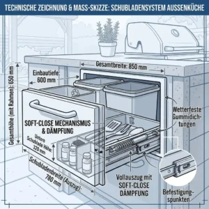 Technical drawing with precise installation dimensions and measurements for a schubladensystem außenküche.
