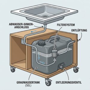A diagram illustrating the wastewater solution with a greywater tank beneath a mobile wasserversorgung außenküche sink.