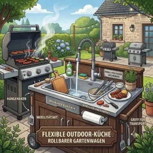 Illustration of a mobile, wheeled spülstation für grillbereich perfect for flexible garden setups and patio parties.