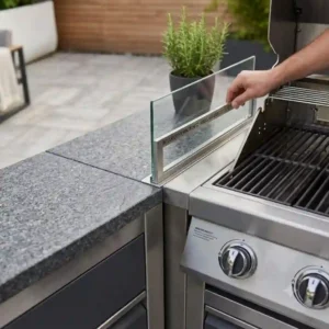 A modular arbeitsfläche außenküche integrated flush next to a gas grill