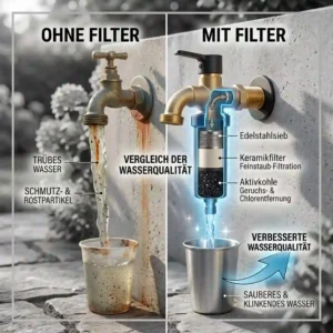 A comparison illustration showing murky water and clean water from the outdoor wasserhahn mit filter.