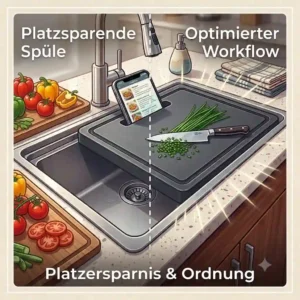 Grafik zur Platzersparnis durch ein Spülbecken mit schneidbrett in einer kleinen Küche.