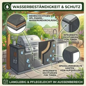 Detailzeichnung wasserdichter Dichtungen an wetterbeständigen Outdoor-Küchenschränken