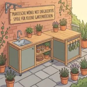 A small kitchen unit with an integrated sink and countertop demonstrating useful möbel für gartenküche klein.