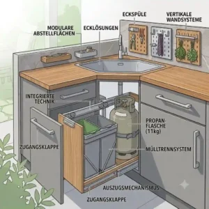 A clever pull-out system for integrating a propane tank and a waste separator as part of outdoor küche stauraum optimieren.
