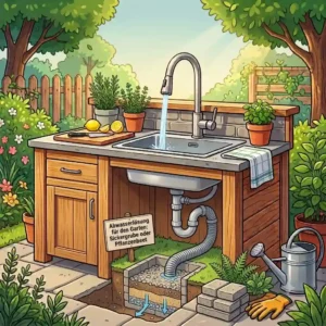 Installation des Abwassersystems und Siphons für eine funktionale wasserinstallation außenküche diy.