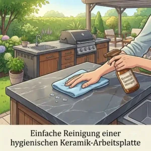 Illustration showing a hand wiping clean a hygienic and smooth arbeitplatte keramik aussenkueche using a cloth.
