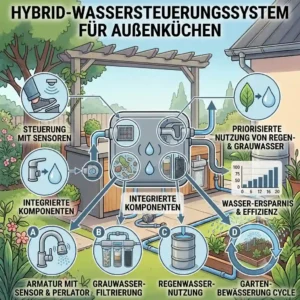 A user-friendly visual showing an outdoor kitchen sink being operated by a motion sensor to manage the außenküche wasser sparen system efficiently.