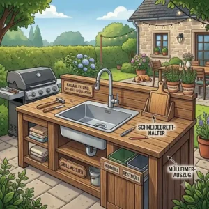 Graphic rendering of a custom DIY wooden counter integrated with a modern spülstation für grillbereich.
