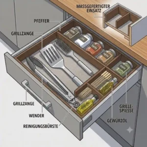 Detailed view of drawer organizers keeping BBQ tools tidy, helping you with outdoor küche stauraum optimieren.