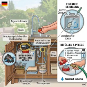 An illustration demonstrating the proper method for cleaning and refilling the water reservoir within a frischwasser tank gartenküche.