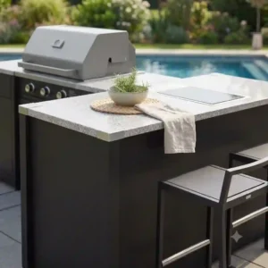 An illustration of a stylish poolside bar seating area created by this outdoor küchenmöbel design modern.