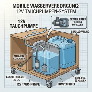 A technical illustration of the 12V pump system powering a mobile wasserversorgung außenküche.