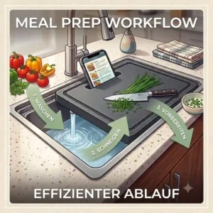 Effizienter Arbeitsablauf beim Meal Prep mit einem Spülbecken mit schneidbrett als Arbeitsfläche.