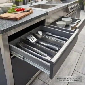 Inside view of organized storage drawer under a modular arbeitsfläche außenküche