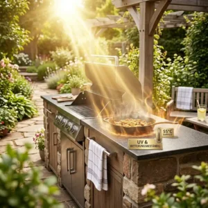 An illustration highlighting the resilience of a modern material outdoor arbeitsfläche hitzebeständig against both UV radiation and intense direct sunlight.