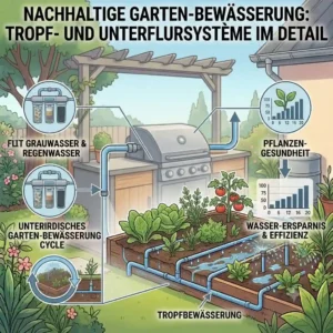 An illustration showing how filtered gray water and rainwater are recycled for garden irrigation after passing through an außenküche wasser sparen system.