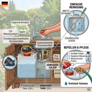A conceptual diagram of an off-grid setup featuring a dedicated frischwasser tank gartenküche alongside a separate wastewater storage container.
