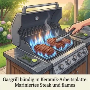 A gasgrill integrated seamlessly and flush into a durable arbeitplatte keramik aussenkueche.