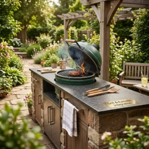 A seamless design integration of a green Kamado-style grill set within a dark natural stone outdoor arbeitsfläche hitzebeständig.