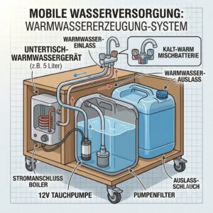 A conceptual illustration showing a warm water solution integrated into a mobile wasserversorgung außenküche.