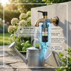 An illustration of the outdoor wasserhahn mit filter being used to fill a paddling pool.