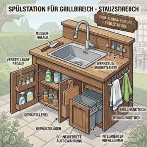 Vector illustration showcasing under-sink storage options, towel hooks, and built-in trash bins for a spülstation für grillbereich.