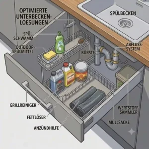 An illustration of functional under-sink storage solutions, showing how to outdoor küche stauraum optimieren effectively.