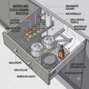 A corner cabinet with a magic corner pull-out system to outdoor küche stauraum optimieren by utilizing dead space.