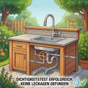 Abschließende Kontrolle auf Dichtigkeit aller Komponenten bei der wasserinstallation außenküche diy.