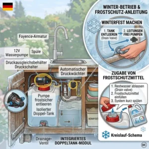 An infographic guide detailing the essential steps to prepare a frischwasser tank gartenküche for winter freezing conditions.