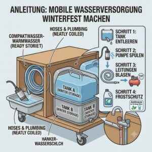 An instructional illustration providing a guide on how to make a mobile wasserversorgung außenküche winterfest.