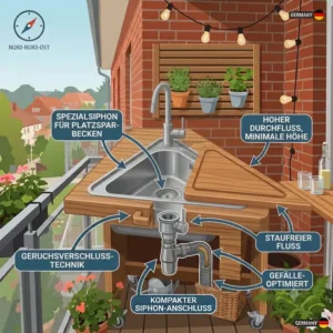 Technische Zeichnung und Anschluss für ein spülbecken außenküche platzsparend mit Siphon.