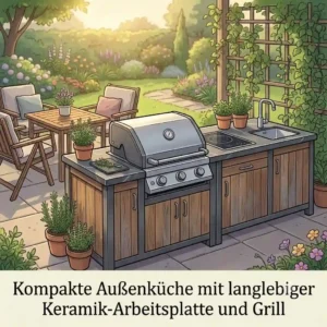 A complete but compact outdoor kitchen unit for smaller spaces featuring an arbeitplatte keramik aussenkueche.