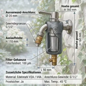 Detailed technical drawing of an outdoor wasserhahn mit filter showing all components.