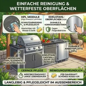 Illustration zur einfachen Reinigung und Pflege wetterbeständiger Outdoor-Küchenmöbel