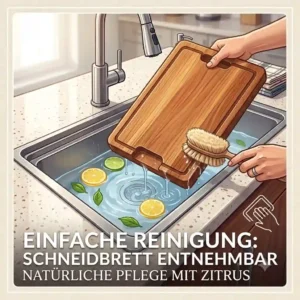Illustration zur einfachen Reinigung und Entnahme von einem Spülbecken mit schneidbrett.