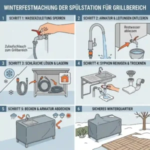 Step-by-step illustration showing how to drain pipes and protect a spülstation für grillbereich with a weatherproof cover for winter.